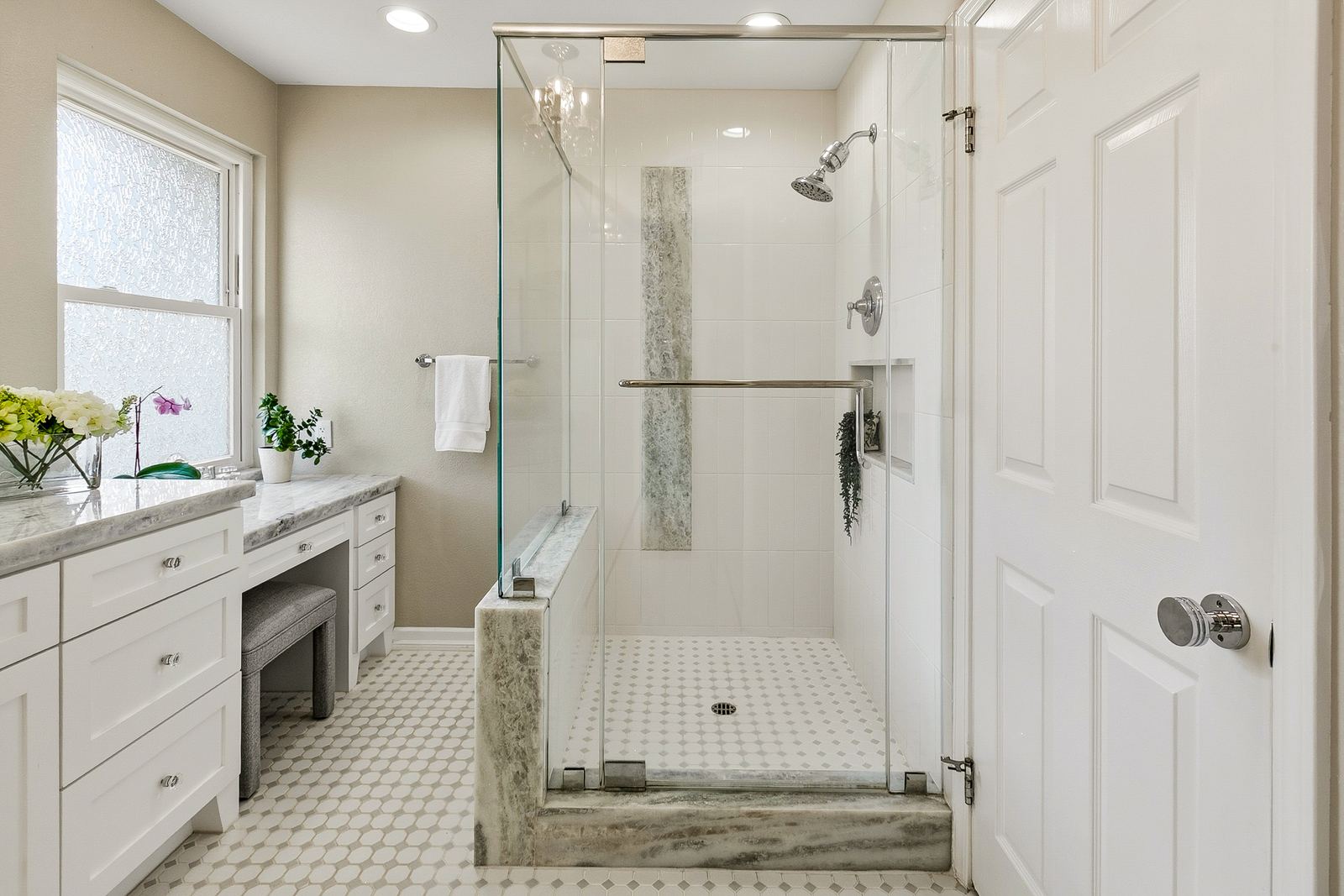 Glass shower, white vanity, River Run Kitchen Remodeling